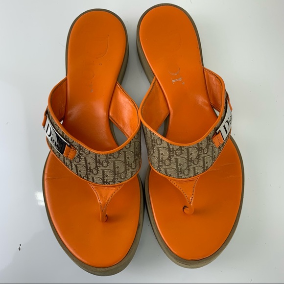 Dior Shoes - Christian Dior Trotter thong sandals. Orange and tan. Canvas signature 37.5